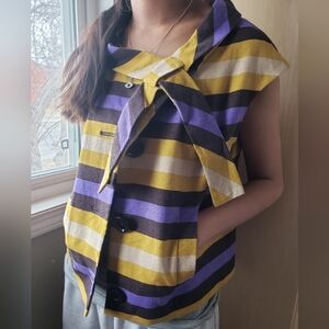 Michaek Kors Linen Cotton Blend Striped Purple and Yellow Vest with Bow